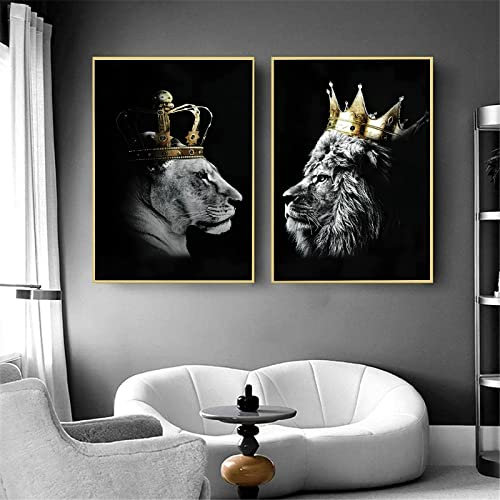 Löwe und Löwin mit Krone Leinwand Bilder, Schwarz Weiß Tier Poster Dekoration, Wildes Tier Kunst Drucke für Wohnzimmer Wohnkultur Dekor Kein Rahmen (Löwe -1, 2x30x40cm)