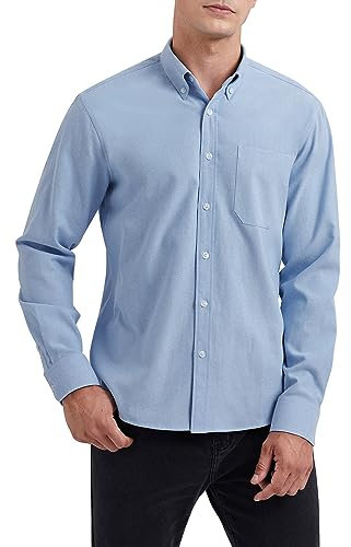 HISDERN Chemise à Manches Longues Oxford Bleu pour Homme Décontractée Coton Chemises Hommes Couleur Unie Business Casual Bouton Shirts avec Poche 3XL