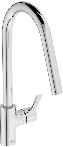 Ideal Standard – Gusto Küchenarmatur, Hoher Auslauf mit zylindrischem Querschnitt, mit 1-Funktionshandbrause, Niederdruck, Schwenkbereich 360°, Schnellmontagesystem EasyFix+, Chrom