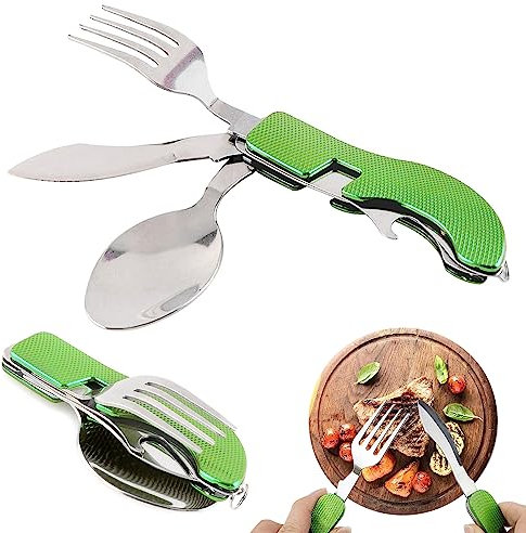 Couvert Couverts Camping Vaisselle Popote Fourchettes Couteau Materiel Pliable Bivouac Accessoires Gadget Kit pour Voyage, 4 en 1 Vert