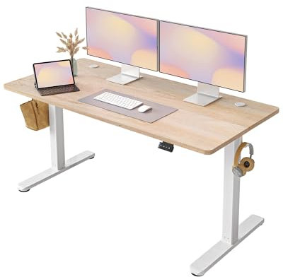 FEZIBO Schreibtisch Höhenverstellbar Elektrisch, 140 x 60 cm Stehschreibtisch mit Memory-Steuerung und Anti-Kollisions Technologie, Weißer Rahmen/Gefleckte Eichenholzfurnier Oberfläche