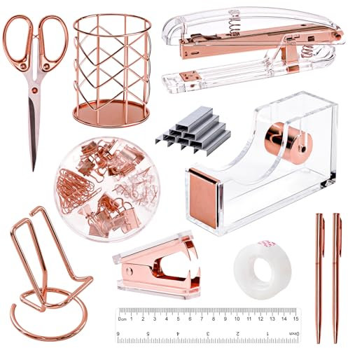 EOOUT Roségold Schreibtischzubehör Bürobedarf und Zubehör Set Acryl Hefter Set Heftklammerentferner Telefonhalter Stifthalter Schere Lineal Transparentes Klebeband