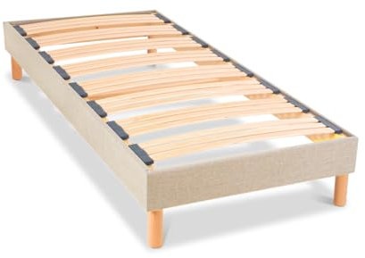 Nuit DE Coton | Sommier à Lattes en Bois avec Pieds Lino 90x200 cm Hauteur 30 cm | Cadre de lit Robuste et Elegant Coloris Beige | Montage Facile