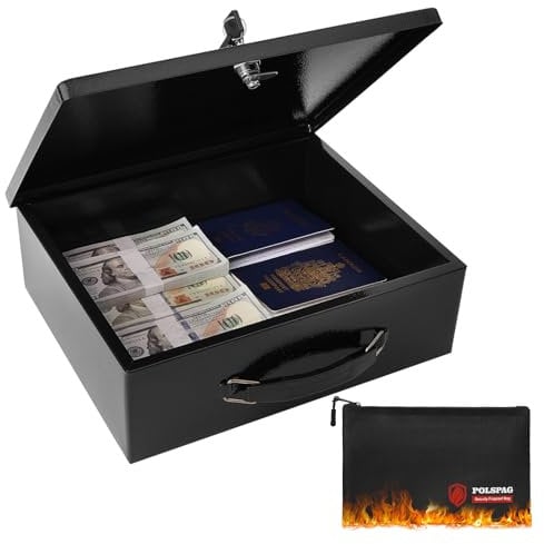 Polspag Fireproof Document Box with Key Lock & Fireproof Money Bag,Safe Storage Boxfor Valuables,Fire Resistance Security Chest,Fireproof Box for Documents,Passport Extra Large (Black, Large)