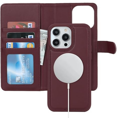 Zouzt for iPhone 14 Pro Max 6.7 Inch Detachable Wallet Case with Card Holder for MagSafe, Premium PU Leather 2 in 1 Flip Folio Book Magnetic Stand Protective Phone Cover - Burgundy