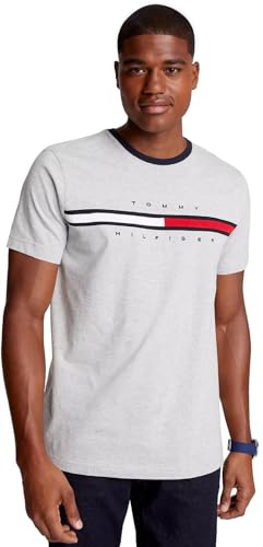 Tommy Hilfiger T-shirt à col rond brodé avec logo Tommy pour homme, coupe classique, taille L, blanc, gris, Taille M