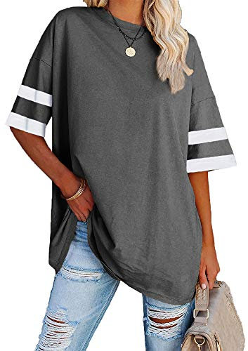 Ebifin Damen Oversize T Shirt Rundhals Kurzärmeliges Tops Casual Lockere Basic Sommer Tee Shirts Bluse.Dunkelgrau.XL