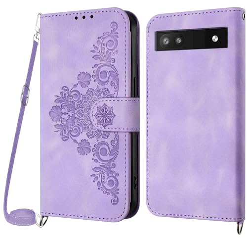 NETANY Handykette Hülle für Google Pixel 7A, Handyhülle für Google Pixel 7A Hülle mit Kette Klappbar, PU Leder Necklace Klapphülle und Umhängeband Lanyard Flip Stoßfest Schutzhülle mit Band (Lila)