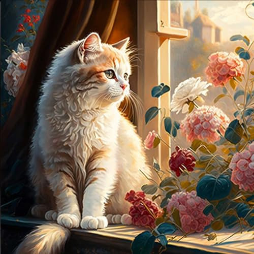 Maysurban Pintar con Numeros para Adultos Niños,DIY Pintura por Números con Pinceles y Pinturas Decoraciones para el Hogar sin Marco 45x45cm,Gatos y flores