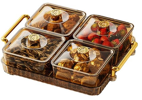 Celuicion Vassoio scomparto di servizio con coperchio, 4 scomparti, vassoio antipasto, in plastica, riutilizzabile, per snack, frutta, noci e caramelle
