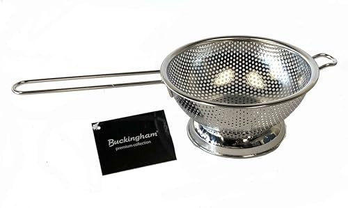 Buckingham 30775 Micro-Perforated Stainless Steel Long Handle Colander Strainer for Rice Pasta Spaghetti Noodles Vegetables Fruits Cooking and Kitchen Use