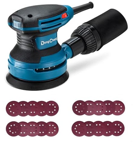 Dong Cheng Levigatrice eccentrica 380 W, 125 mm, 6 velocità, Levigatrice orbitale 8,000-12,800 giri/min con depolveratore, fornita con 20 dischi abrasivi, ideale per la lavorazione del legno
