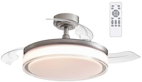 VZLED - Ventilador de Techo con Luz Níquel, Aspas Retráctiles, Silencioso, Luz CCT