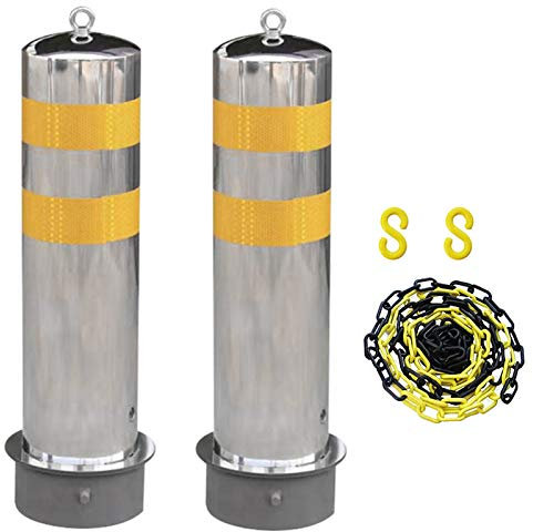 Sicherheitspfosten für Einfahrten, reflektierendes Band, 5 m Absperrkette und 2 Stück Edelstahl-Parkpfosten mit Aufhängering und beweglicher Basis (Silber 600 mm × 159 mm) (Silber 600 mm × 159 mm)