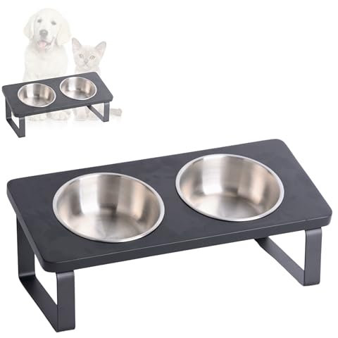 PETLINUS Gamelle Chat Inclinée - Acier Inoxydable avec Support Bois Incliné à 15º - Mangeoires et Abreuvoirs pour Chien et Chiot - Noir