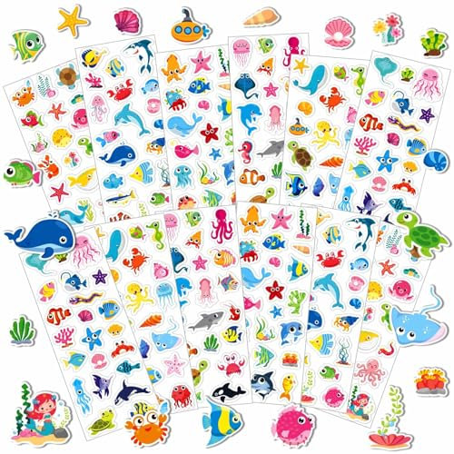 UPINS Meer Sticker, 12 Blatt Kinder Sticker Set Meerestier Aufkleber 3D Ozean Stickers Tier Sticker Kinder für Jungen Mädchen Geburtstag Geschenke