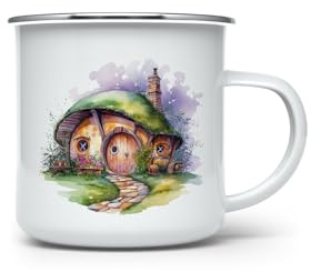 MAXIKIWI Langlebige Emaille-Kaffee- oder Tee-Camping-Tasse für drinnen und draußen, Aquarell-Hobbit-Haus, 350 ml