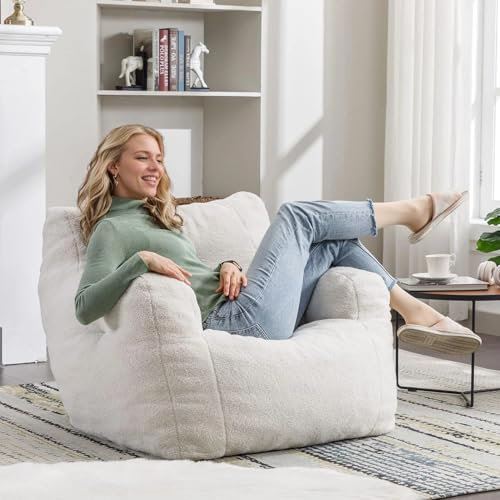TaiEnjoy Sitzsack Sessel, Lesesessel Lounge Chair, Sitzsack Erwachsene mit Füllung für das Wohnzimmer Möbel, Gaming Stuhl Bean Bag Sofa Teddy Stoff, Weiß