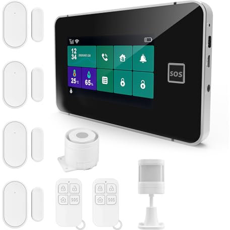 Kavolet Drahtloses alarmanlage Wohnung, 2G/WiFi GSM Tuya Komplettes Alarmsystem, WiFi-Heimalarmsystem, 4,3-Zoll-Voll-Touchscreen-Alarmpanel SOS-Diebstahlalarm Sicherheit für Zuhause, Büro