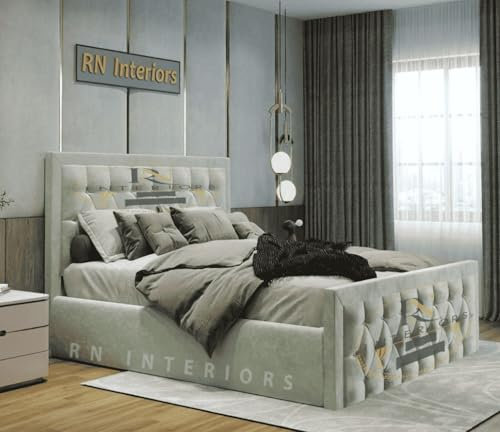 RN Interiors Luxury Chesterfield Sleigh Bed Frame & 125cm High Headboard – Upholstered Plush Velvet Bed Frame with Ottoman Storage (Cream, 4FT Small Double)