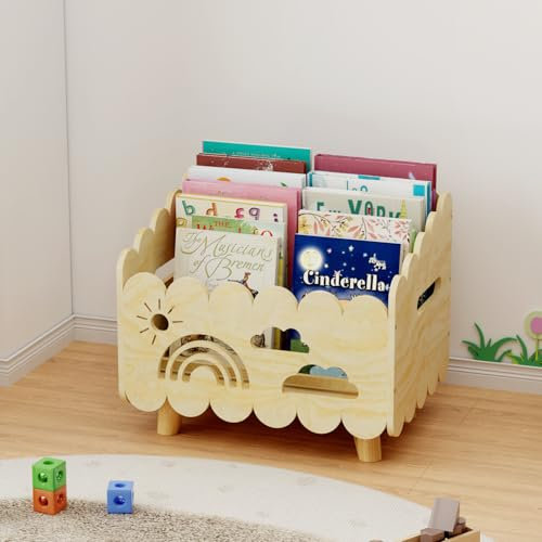 DUHARS Wood Kids Bookshelf Montessori, with 2 Adjustable Dividers Book Shelf, for Kids Room, Classroom, Playroom, Toddler Book Rack, Nursery Book Shelves, Kids Bookcase Toy Storage Organizer
