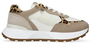 BOSANOVA Zapatillas Deportivas para Mujer con Diferentes Cortes con Detalles Animal Print y Suela de Plataforma Dentada de 4 cm. Cierre con Cordones Planos. Calzado para Mujer Marron 39