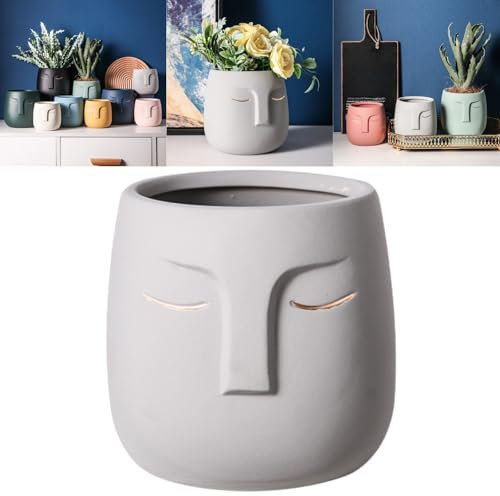 Boxonly Face Planter (Light Gray, Medium, With Hole, Without Tray) - Ceramic Plant Pot for Succulents, Flowers, and Small Plants - Nordic Minimalist Vase for Indoor and Outdoor Home Decor
