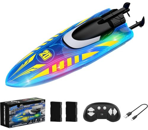 OBEST Barco teledirigido niños, lancha teledirigida, Barcos RC, Barco de Control Remoto con Tiras de luz LED para Piscinas y Lagos, Regalo para Niños y Adultos