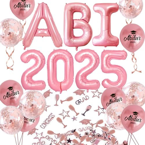 ABI 2025 Deko, Abitur 2025 Deko, ABI Luftballons für Abitur Abschlussparty Hintergrund, Gaduation Deko mit Jahreszahl, ABI Schriftzug, Ballons und Konfetti Ballons(Rosegold)