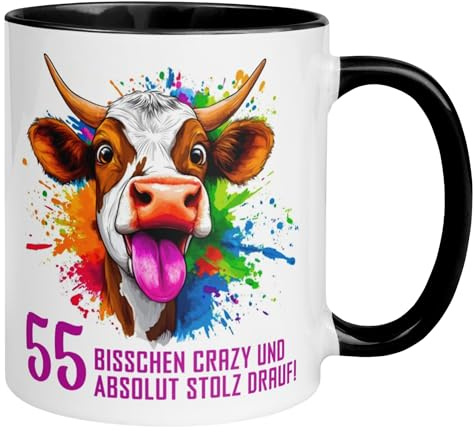 55 Geburtstag Frau Mann Geschenk Tasse | Bisschen crazy und absolut stolz drauf – Kuh | Lustige Geschenk Geburtstagstasse mit Spruch 55. Geburtstag | 55ter Geburtstag - Witziges Geburtstagsgeschenk