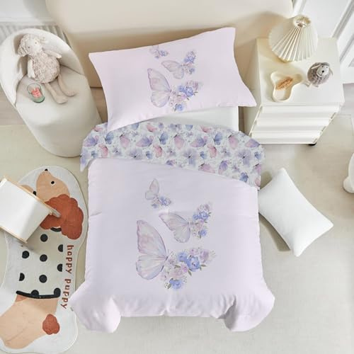 DJDEA Cot Bed Duvet Cover Set, Cartoon Butterfly Reversible Toddler Bedding Set With Zip Closure, Soft Breathable MicrofibreKids Duvet Cover 120x150cm with 40x60 cm Pillowcase