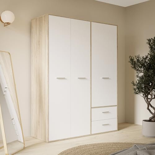 Forte Jupiter Kleiderschrank 140 150, Schrank mit 3 Türen und 2 Schubladen, Holzwerkstoff, Weiß/Sonoma Eiche Dekor, 144,4 cm breit, 200,1 cm hoch, 52,7 cm tief