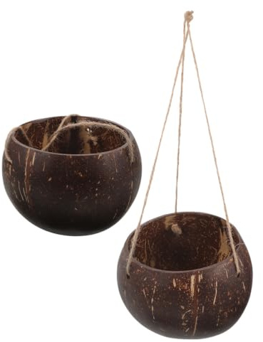 DECOMELODY Hängender Blumentopf 2 Stück Braun aus Kokosschale für Pflanzen | Natürliche Optik, Fadeproof Oberfläche, Kettenaufhängung, Passend für Balkonwand und Terrasse