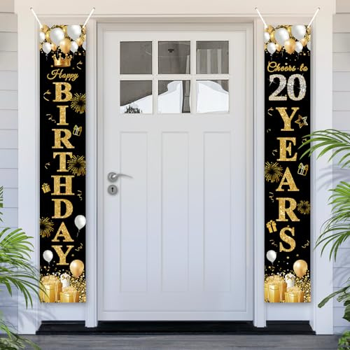 PartyYaa 20. Geburtstagsbanner, 20. Geburtstag Tür Banner Deko, Happy Birthday Banner Party Fotoautomaten Hintergrund Deko Schild Poster für Männer und Frauen (Schwarz Gold)