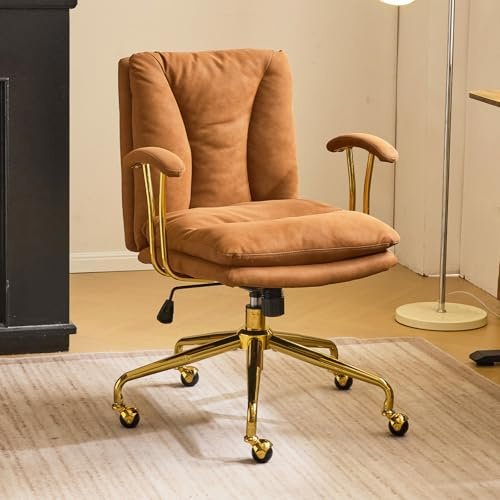 Bonnlo Home Office Desk Chair Comfy with wheels&Removable Armrests,Gold Base Vanity Chair with Back,Adjustable Rolling Swivel Computer Task Chair for Study,Makeup,Office,Bedroom,Microfiber/Suede,Brown