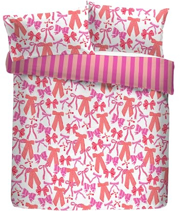 Bedlam Double Duvet Cover Set, 100% Polyester (60% Recycled), 200x200cm, Pink and White, Bow Print with Striped Reverse