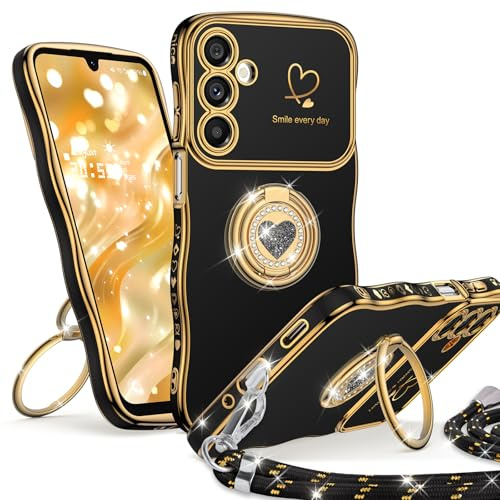 Unlicaku Coque pour Samsung Galaxy A17 / A26 5G avec Cordon, Design Ondulé avec Support Double Anneau en Forme de Cœur, Étui Collier Souple et Antichoc pour Femme, Noir
