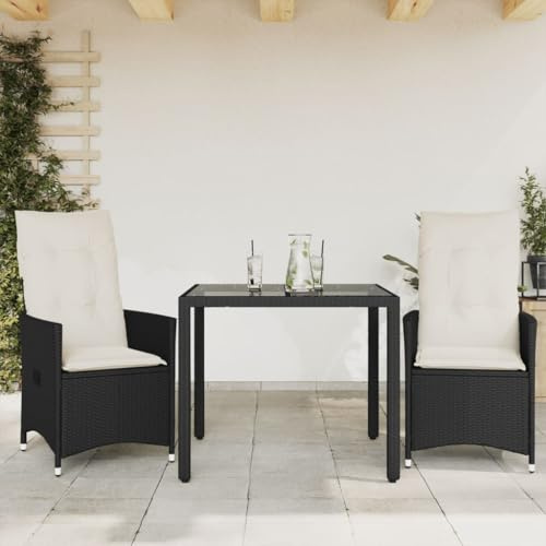 Holamys 3-TLG. Bistro-Set mit Kissen Schwarz aus Poly Rattan für Garten, Terrasse und Balkon, verstellbare Relaxsessel, 90x90x75cm Glastisch, UV-beständig