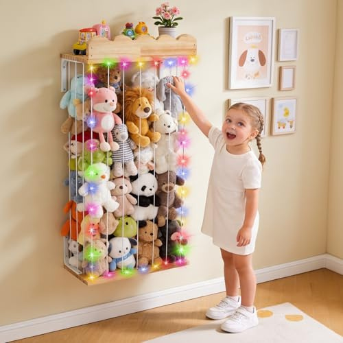 Normodic Stuffed Animal Storage, Wood Toy Zoo Organizer Cage, Cuddly Toy Storage Hammock Net, Length Adjustable, Wall Hanging Soft Plush Toys Holder Shelf for Kid‘s Room Nursery Playroom Bedroom
