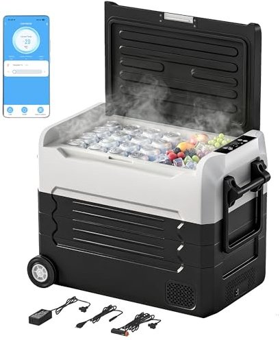 Outsunny Frigorifero Portatile per Auto 50L a Doppia Zona con Compressore, Frigo Elettrico Anti-Shock, APP Bluetooth, Ruote, Maniglia Pieghevole, 12V/240V, -20°C a 20°C, per Campeggio Camion Barca
