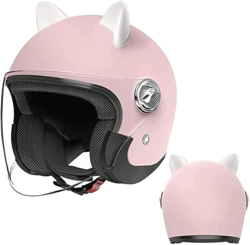 Casco moto Jet 3/4 retrò omologato ECE DOT, con orecchie di gatto rosa e visiera parasole, mezzo casco unisex for bambini adolescenti adulti