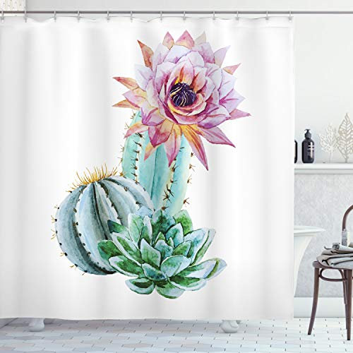 ABAKUHAUS Cactus Rideau de Douche, Cactus Flower et Spike, Tissu Ensemble de Décor de Salle de Bain avec Crochets, 175 cm x 180 cm, Rose Vert et Bleu