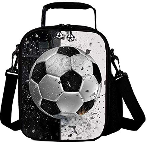 7-Mi Portable Kids Lunch Box Bag, Reusable Insulated Lunch Tote for Kids Boys Girls Washable Crossbody Lunch Container Food Carrier, Football