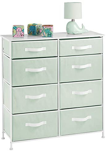mDesign Kommode mit 8 Schubladen für Spielzeug und Kleidung – stabiler Schubladenschrank für das Kinderzimmer – Kleiderkommode aus Metall, Holz und Stoff – mintgrün/weiß