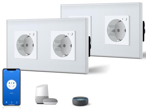 BSEED Schuko Wifi Steckdose 16A Smart Alexa Glassteckdose, 2 er Pack Doppelsteckdose 2 Weg Weiß 157mm Unterputz-Installation APP-Steuerung Arbeit mit Alexa/Google Home DIY Free Spin Nur 2.4 GHz