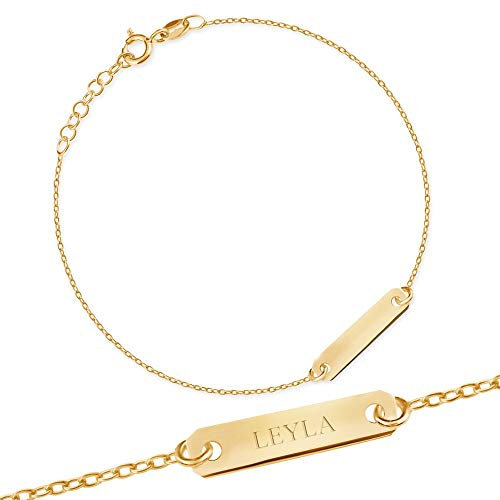 Maverton Damen ID-Armband Gold - Gravurplatte mit Namen + personalisierte Geschenkbox mit Gravur - ID Damen Armreif für Frauen - Länge: 16-19 cm - 8 oder 14 Karat - 14 Karat