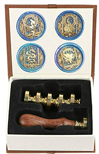 Wachssiegel-Stempelset, ANBOSE Starry Animal Wachs-Siegel-Stempelset mit 4 abnehmbaren Messingköpfen und 1 Holzgriff, Retro Vintage Meerjungfrau Pfau Drache Kolibri Siegel Wachsstempel für Handwerk