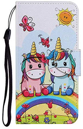 AIFILLE Kompatibel mit iPhone 12 Flip Hülle Rosa Blau Einhorn Muster PU Leder Brieftasche Flip Case Cover und Ultra Thin Silikon Hülle Handyhülle Schutzhülle für iPhone 12 2020 6.1 Zoll