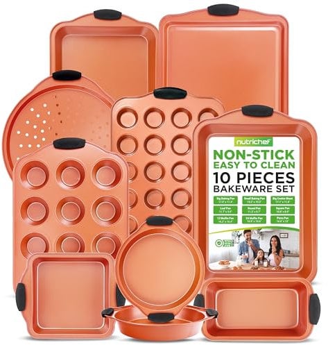 NutriChef 10-Piece Non-Stick Baking Pans Set - Premium Nonstick Carbon Steel Oven Bakeware - Includes Cookie Sheets, Muffin & Cake Pans, Pizza Crisper, Roasting Pans, w/Silicone Handles - Copper