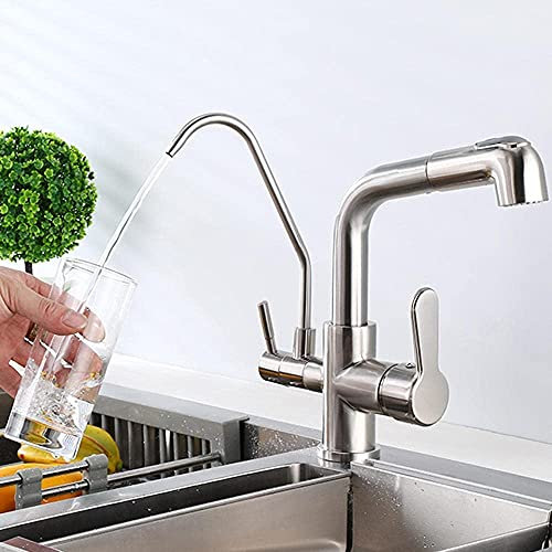 YADLCR Rubinetto da Cucina Estraibile Miscelatore lavello a 3 Vie con Rubinetto Filtro, doccetta Estraibile, 2 Maniglie, Nichel Spazzolato (Color : B)
